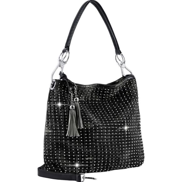 49. Black Denim Rhinestone Bling Studs Pleated Hobo Handbag Purse - Picture 1 of 6